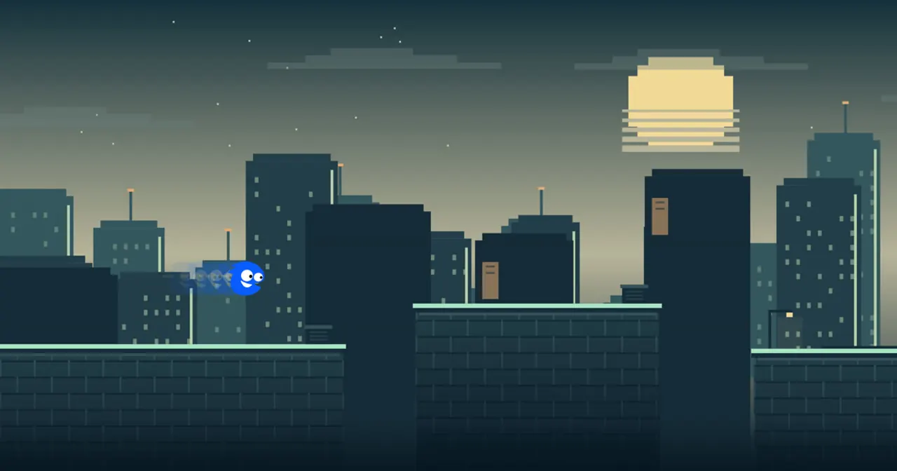 A Skyline Run character crossing rooftops in a pixel city
